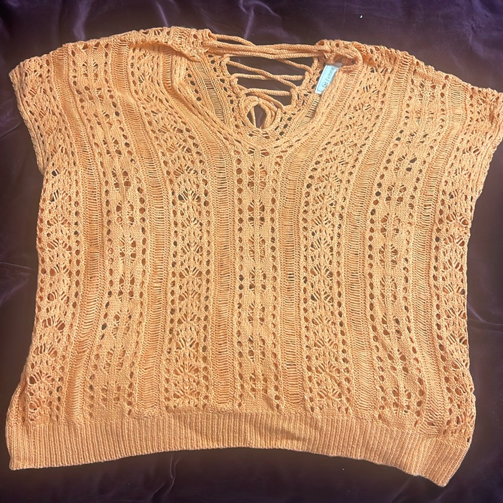 Ces Femme orange knit top sz small  lace up back detail